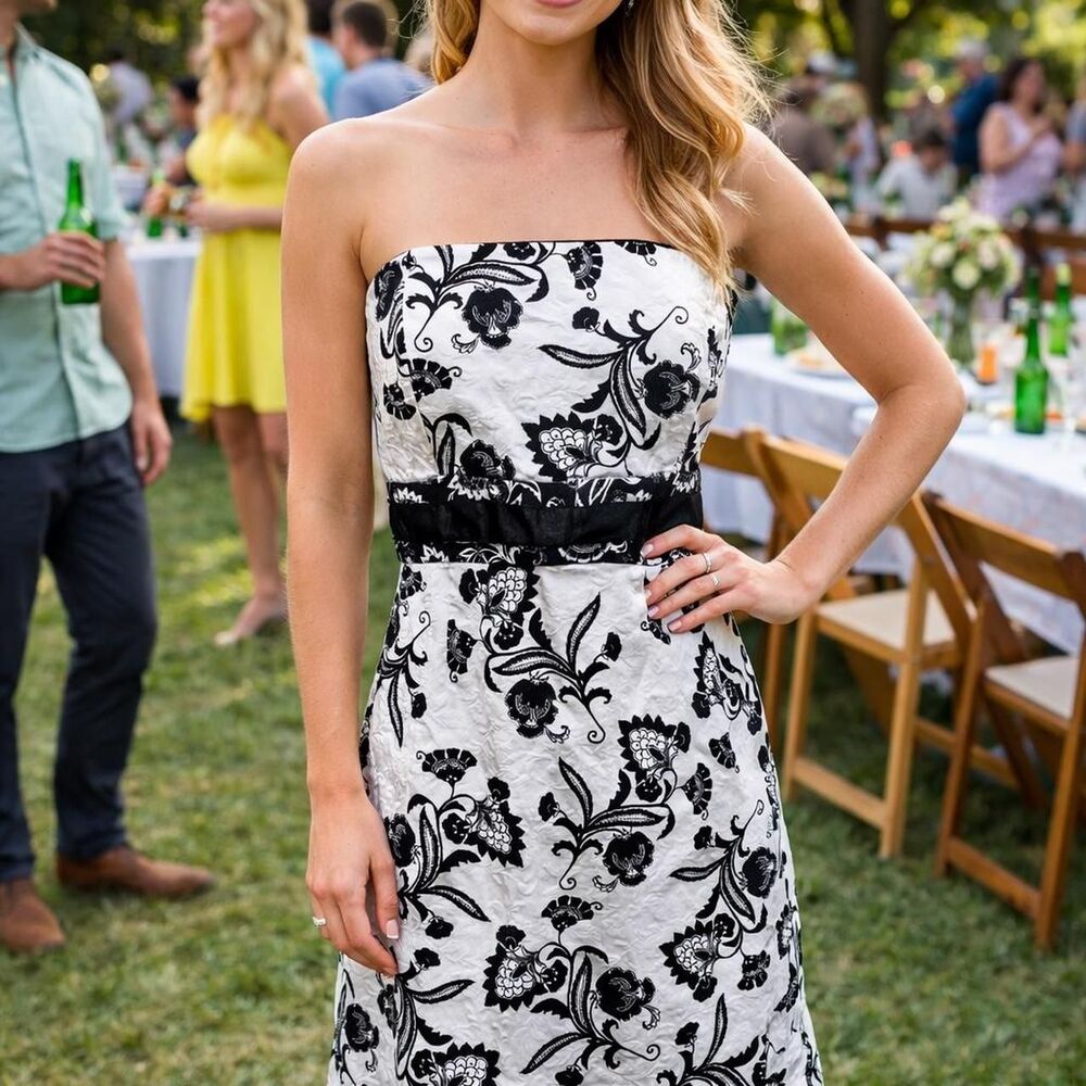 Black White Dress 12 Floral Strapless Cotton Wedding Party Cocktail Cotton New
